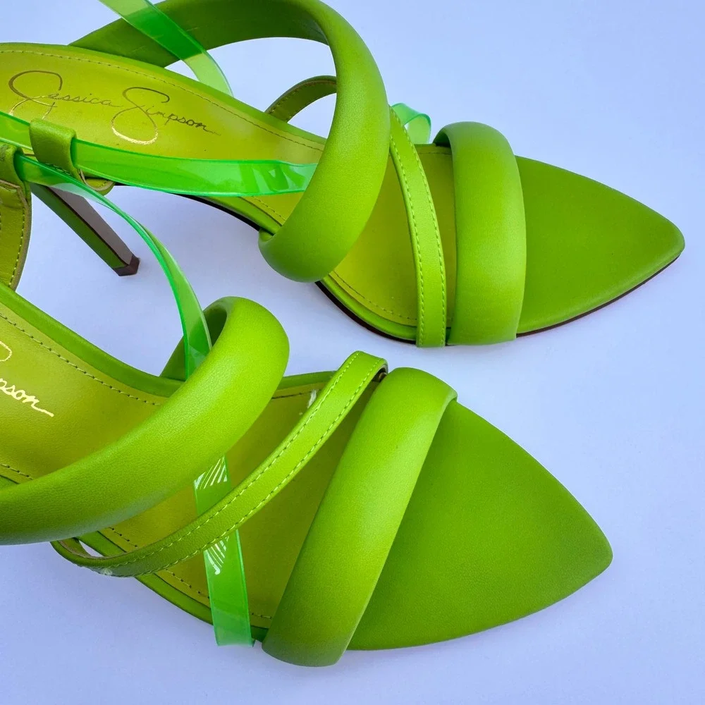 Jessica Simpson Krissta Green Transparent Asymmetrical Stiletto Slip On Size 8.5
